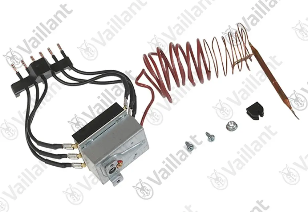 Vaillant Sicherheitstemperaturbegrenzer mit mehreren Anschlusskabeln, einer Metallbox und einer Kupferwendel. Zubehörteile wie Schrauben sind ebenfalls abgebildet.